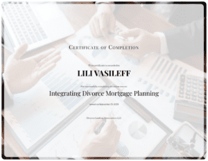 Lili Vasileff certificate for online course completion at Divorce Lending Association