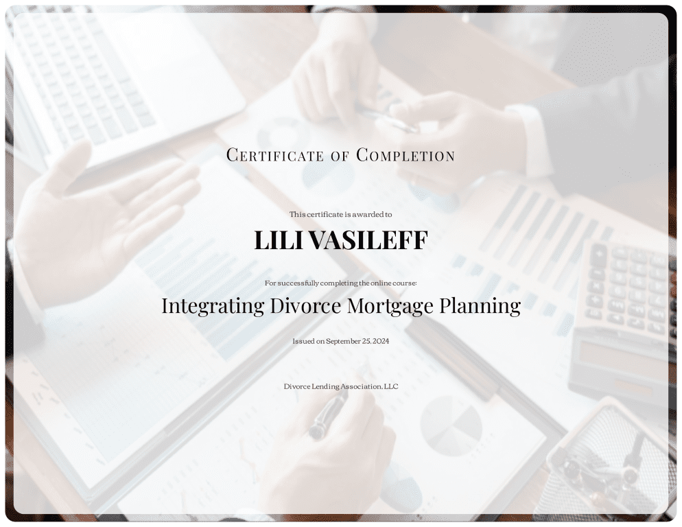 Lili Vasileff certificate for online course completion at Divorce Lending Association